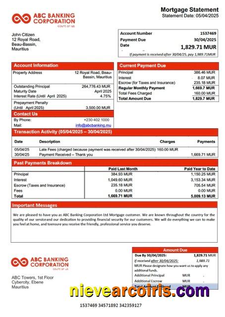 Mauritius ABC Banking Corporation Ltd mortgage statement Word and PDF template